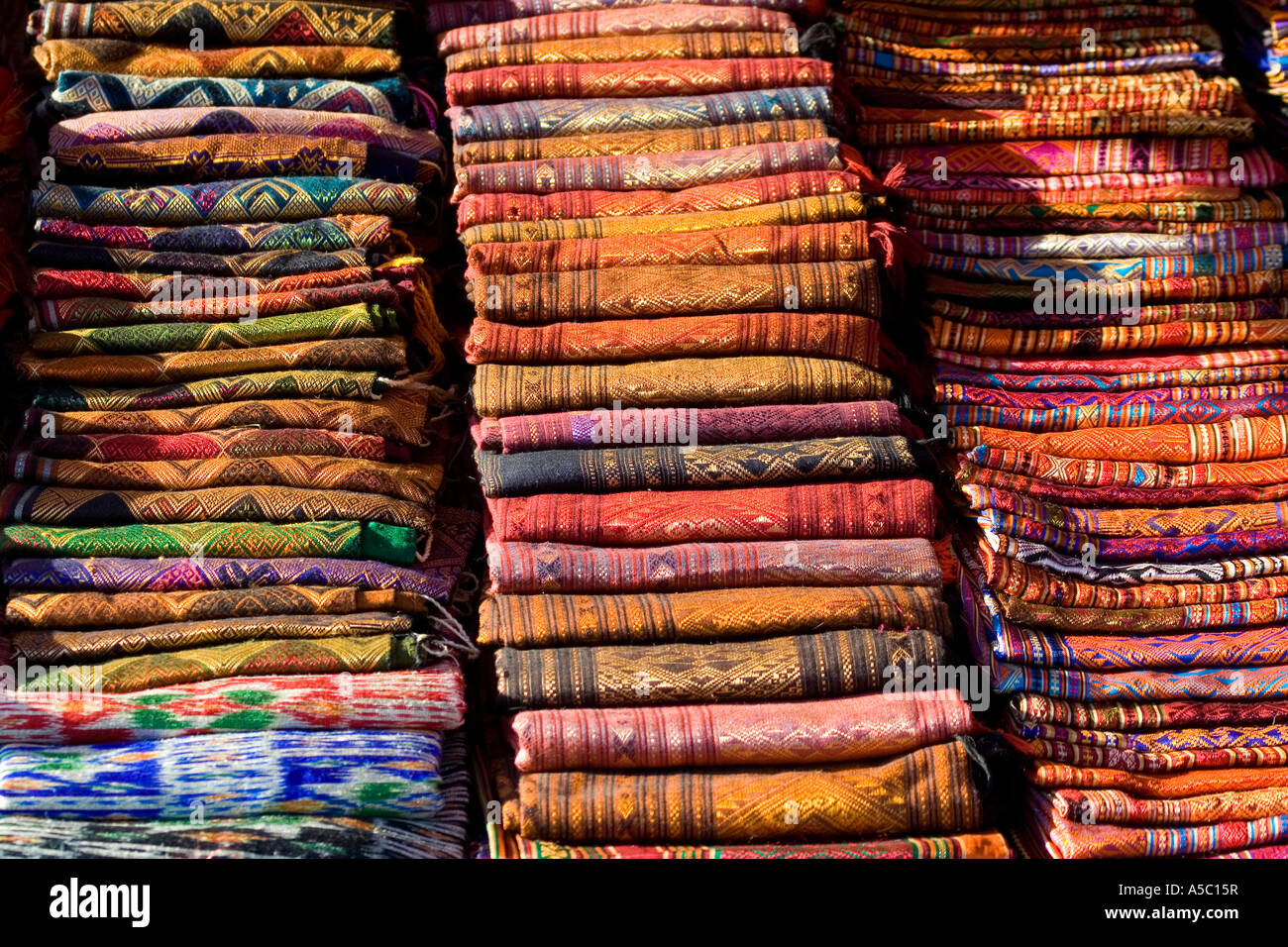 Handmade Fabrics for sale in the Night Market Luang Prabang Laos Stock Photo