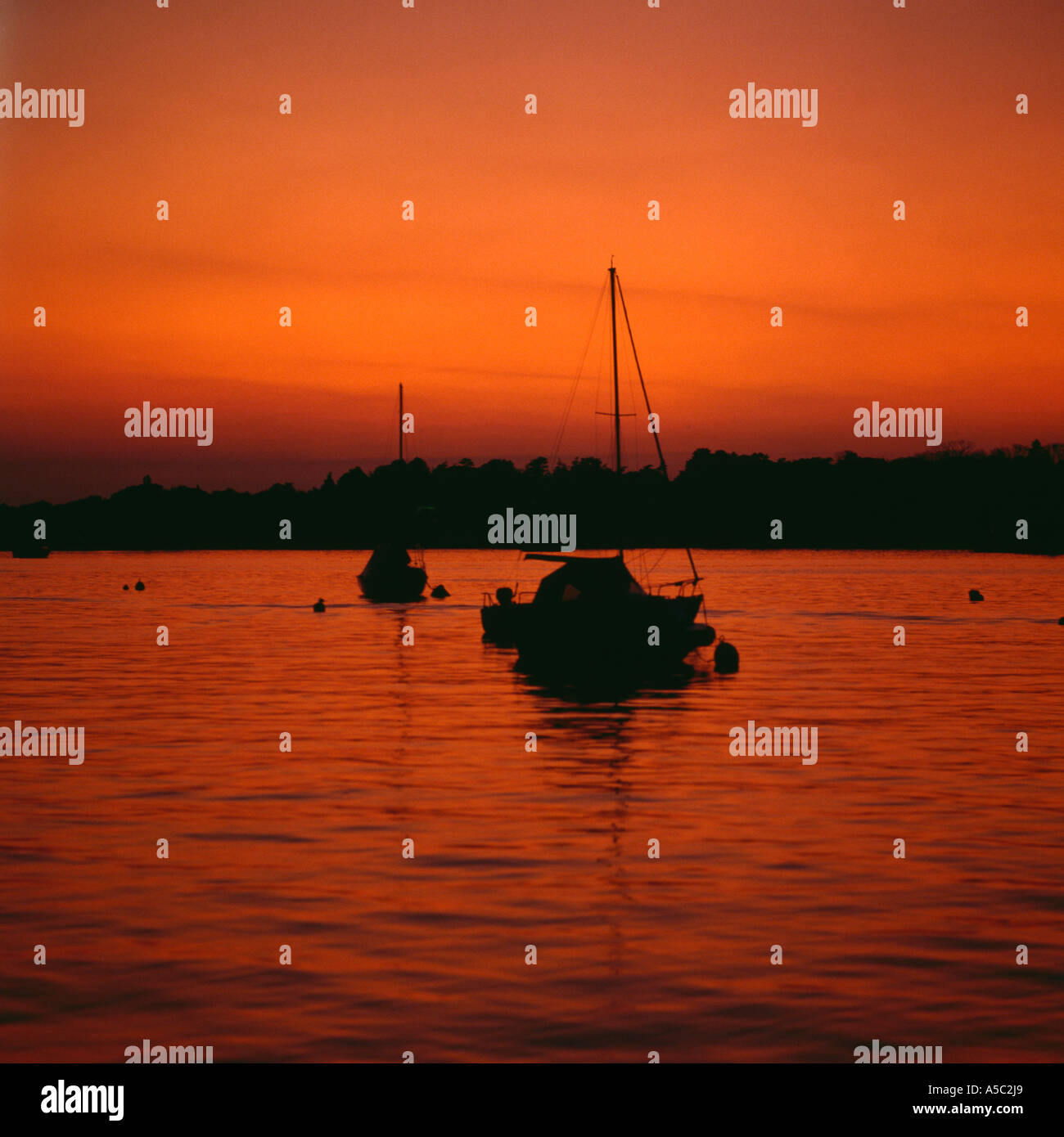 Moored yachts silhouetted against afterglow from sunset, Oulton Broad, Suffolk, UK. Stock Photo