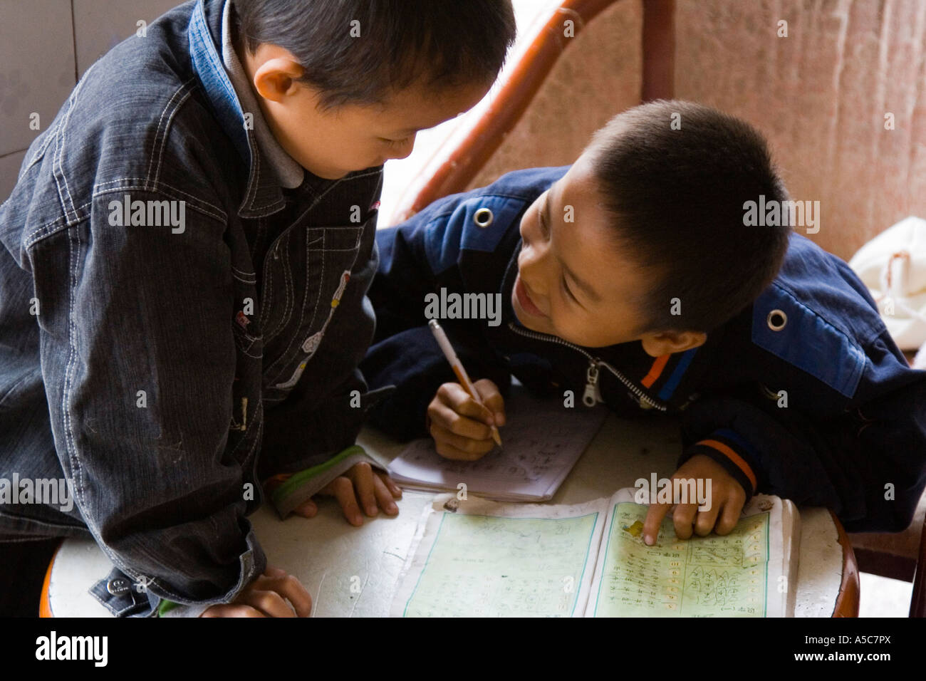 Boys Studying Together Mengla Xishuangbanna China Stock Photo