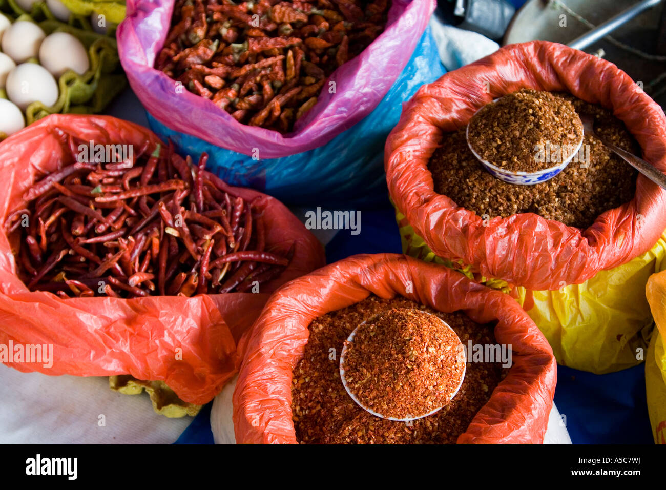 Dried Chili for Sale at Market Menghai China Xishuangbanna Stock Photo