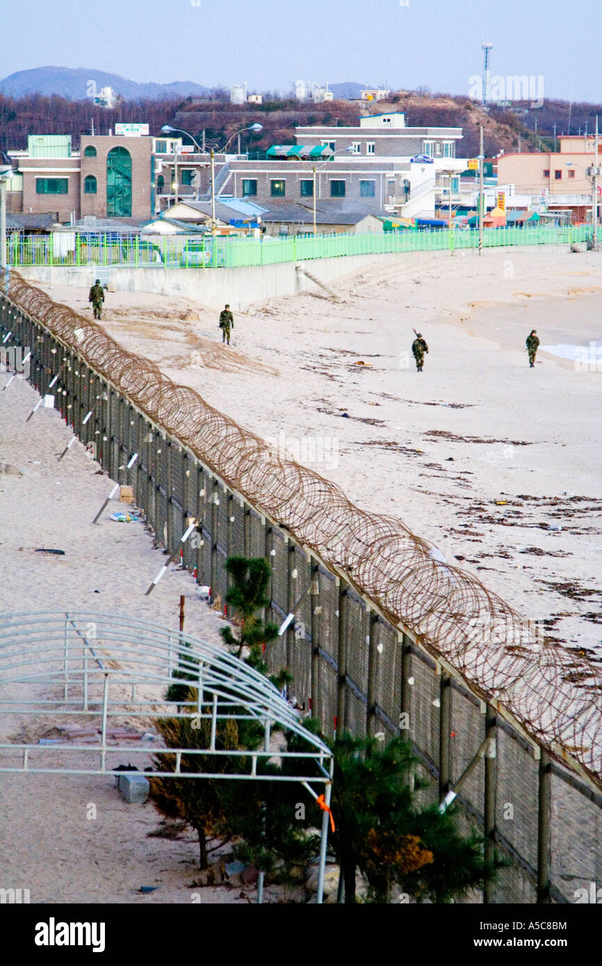 Korean Army Soldiers Marching Beach Patrol Near North Korean Border