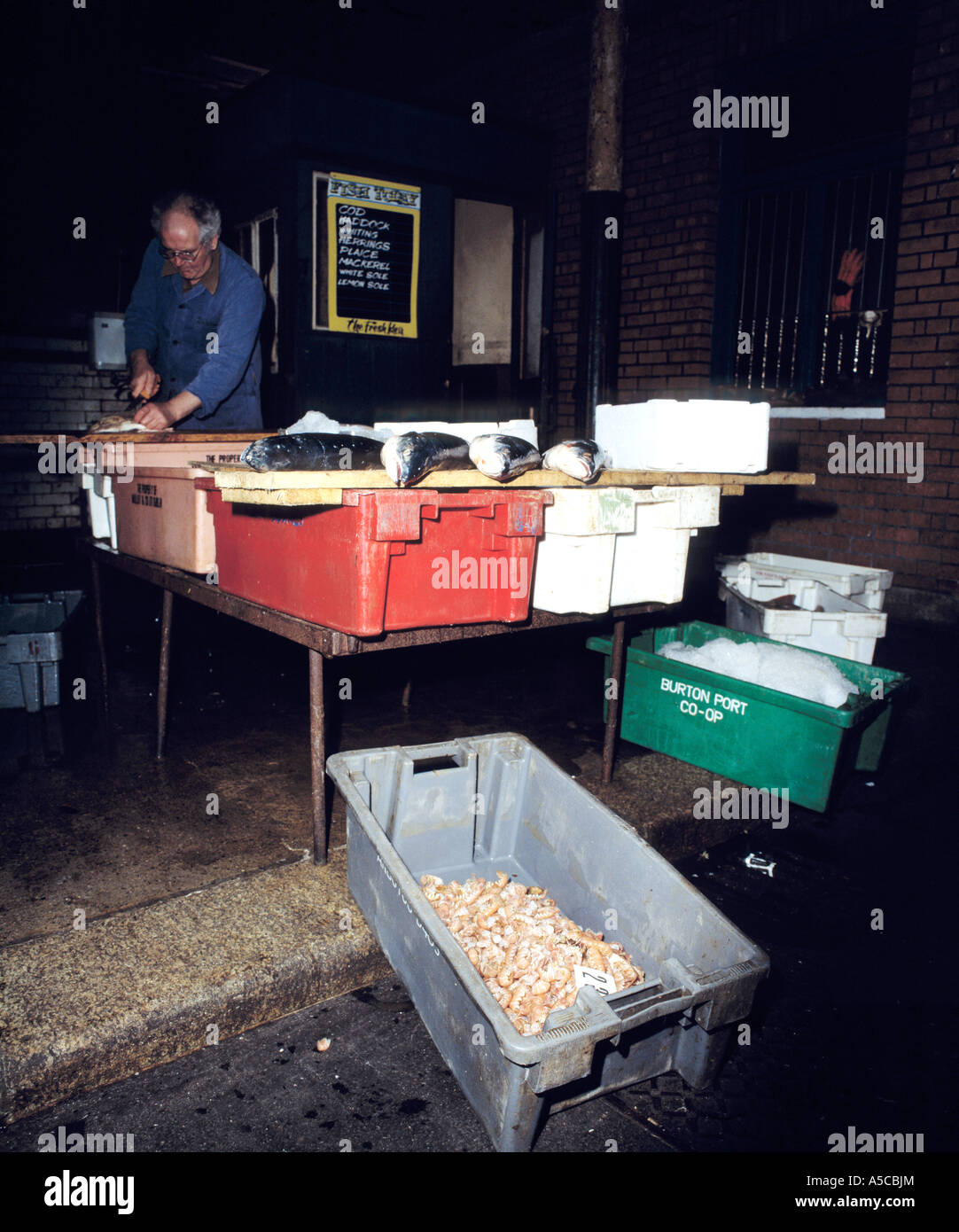 old dublin fish market, boxes of fresh fish at fish market, fishmonger