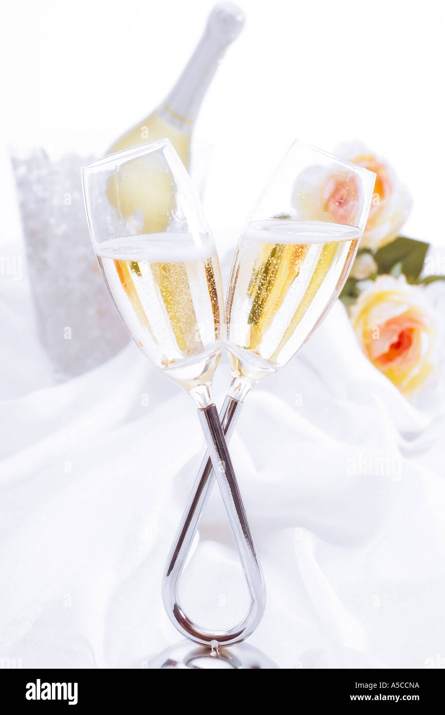 Champagne flutes and bottle Stock Photo Alamy