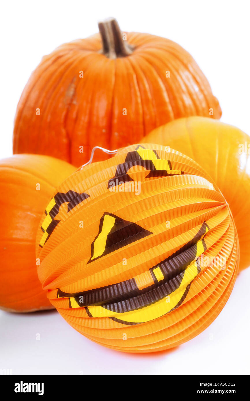Pumpkins and Halloween lantern Stock Photo