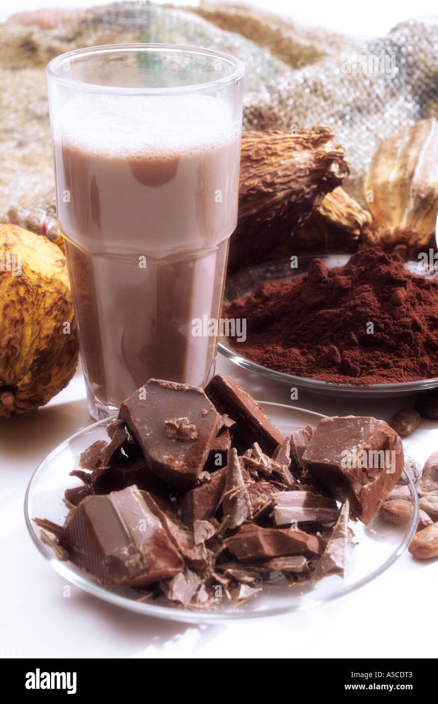 Cocoa pods and chocolate milkshake Stock Photo Alamy