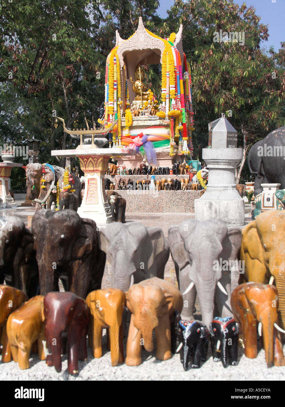 Brahma Phra Phrom shrine surrounded by elephants Laem Phromthep cape ...