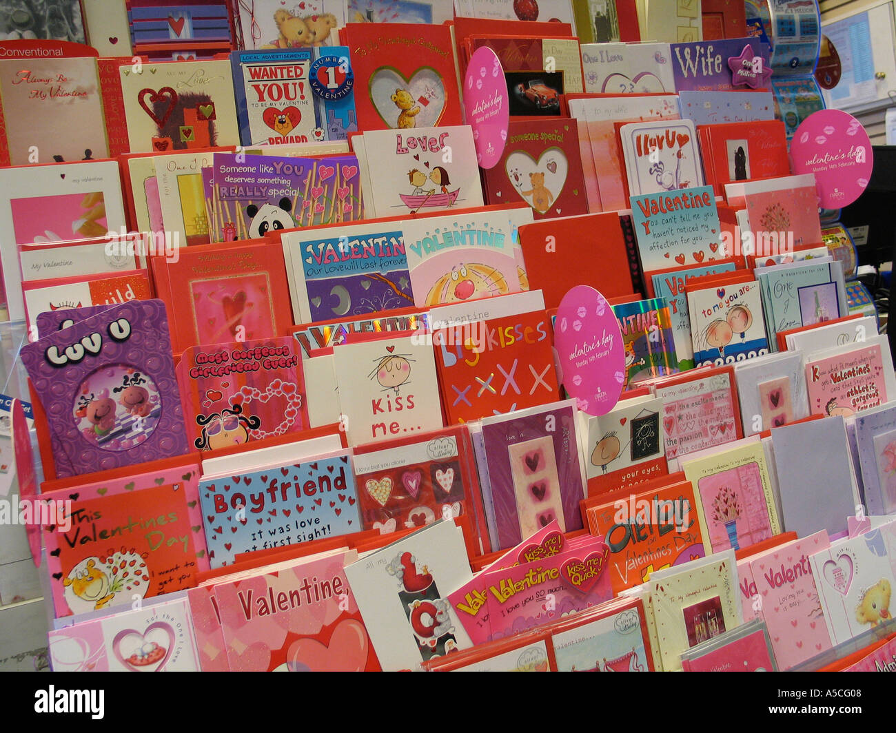 Valentines cards on display in a shop Stock Photo
