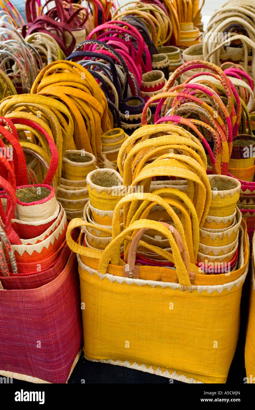 Woven shopping bags on display in a French market Stock Photo