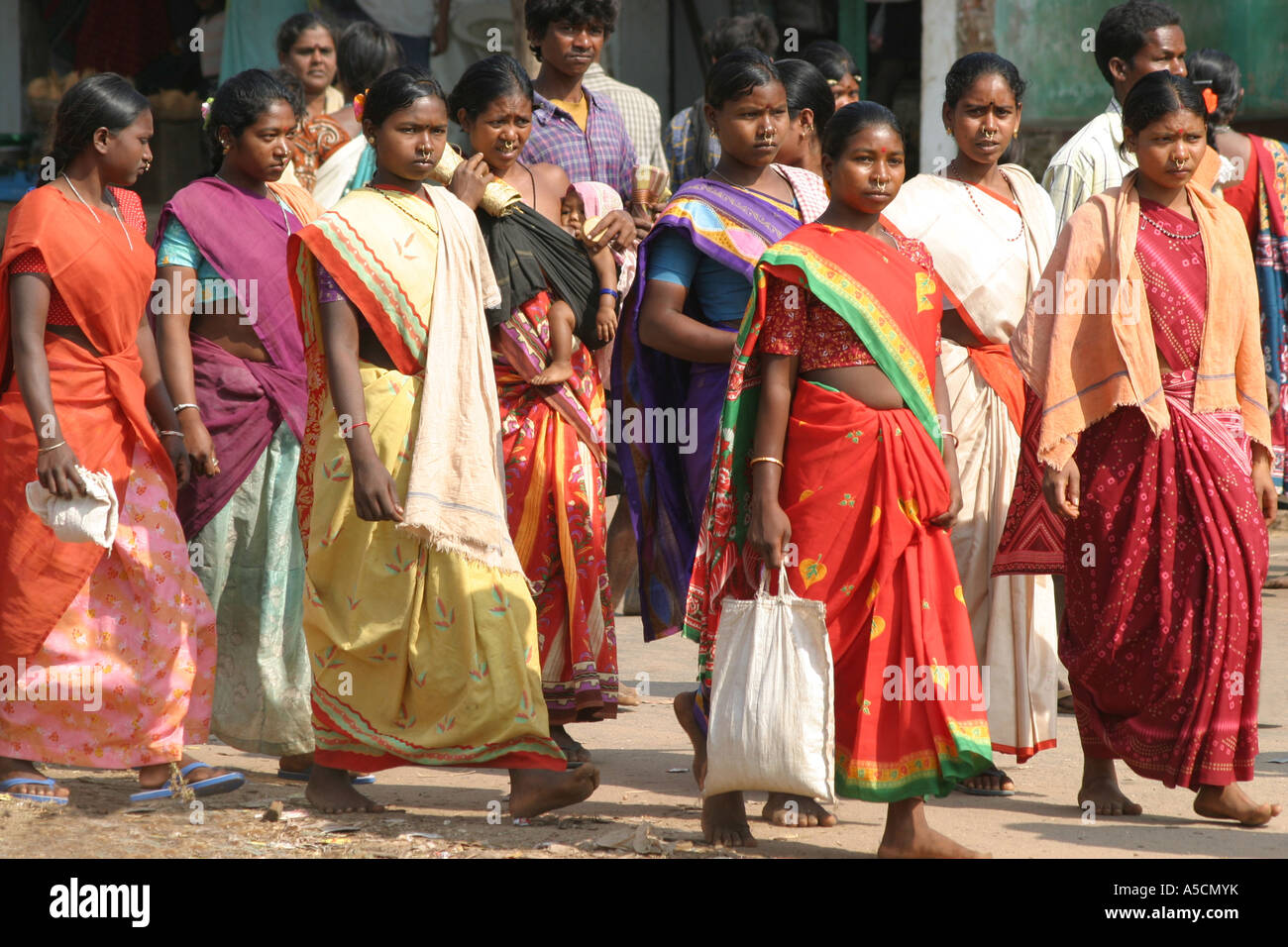 Desia Kondh tribal women and girls at their weekly market in Orissa ,India Stock Photo