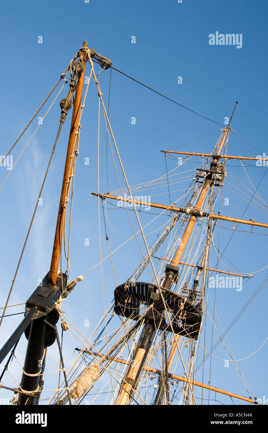 Rigging on the replica Grand Turk in Whitby Harbour North Yorkshire England UK United Kingdom GB Great Britain Stock Photo