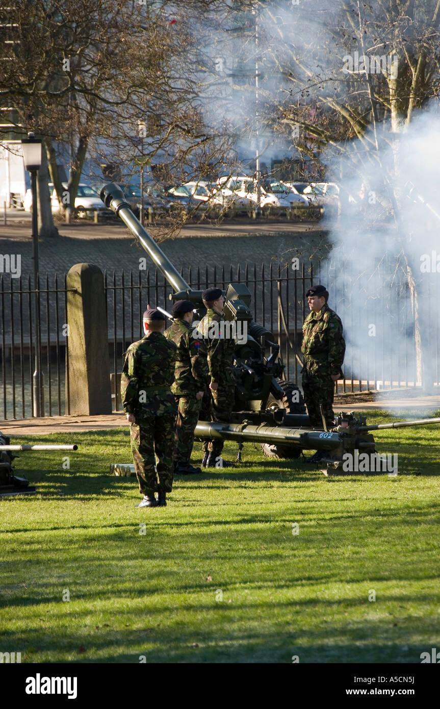 Soldiers firing gun guns at the Royal salute Museum Gardens York North