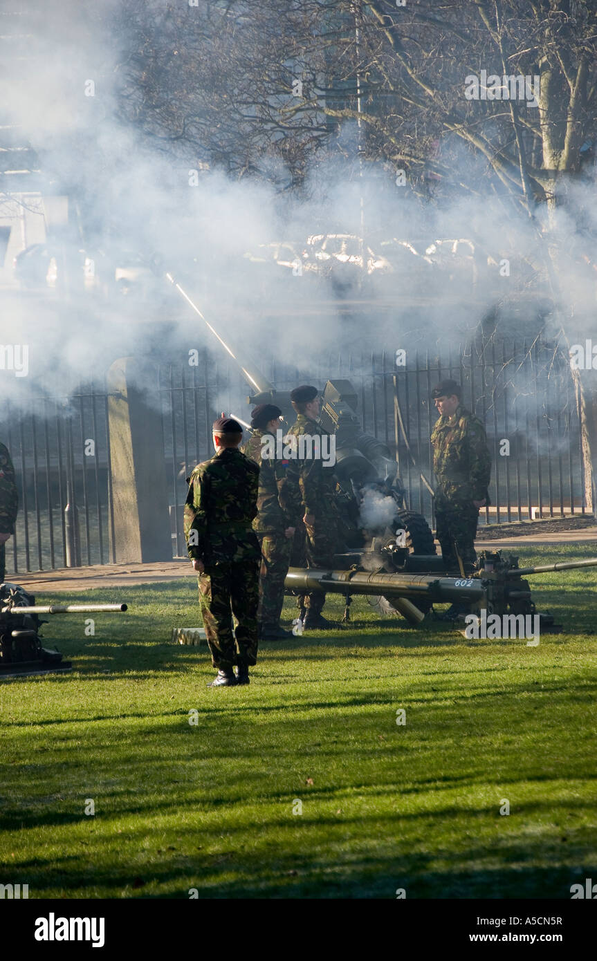 Soldiers firing gun guns at the Royal salute Museum Gardens York North