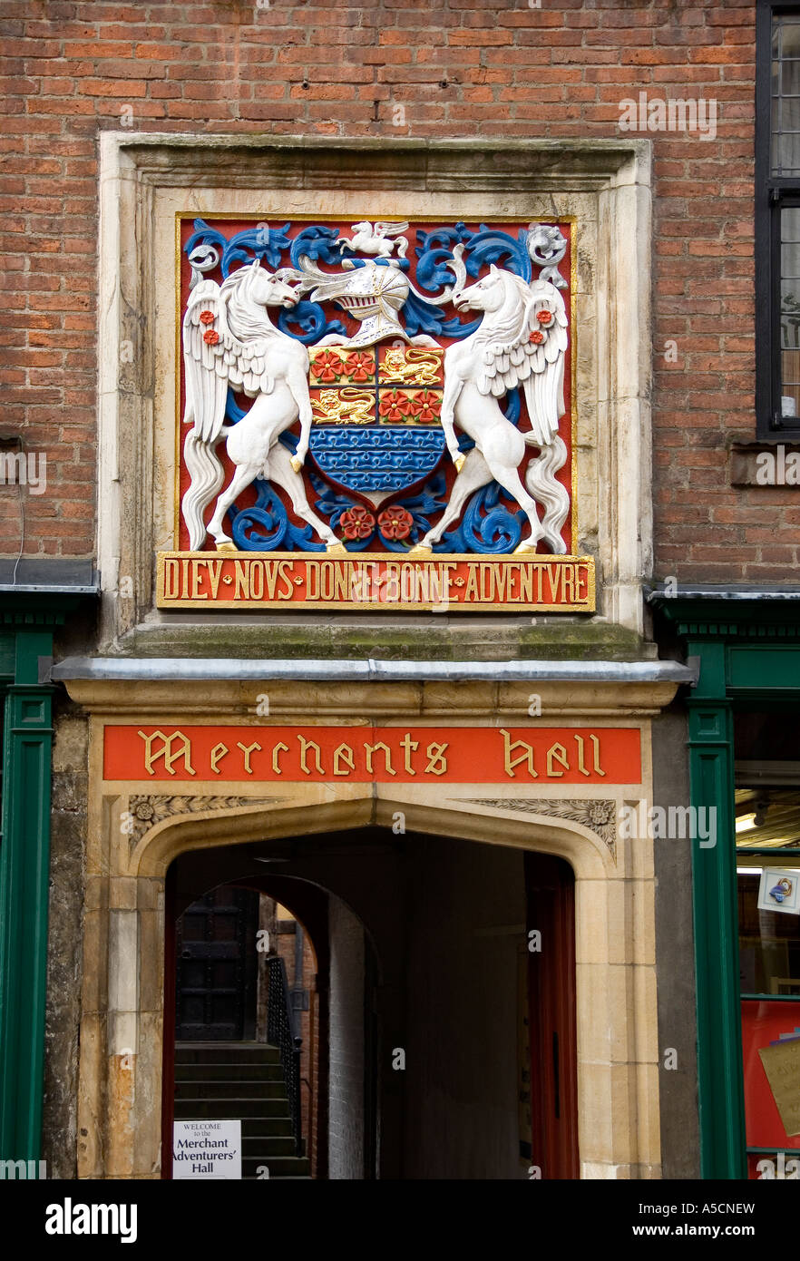 Close up of plaque crest at entrance to the Merchant Adventurers Hall ...