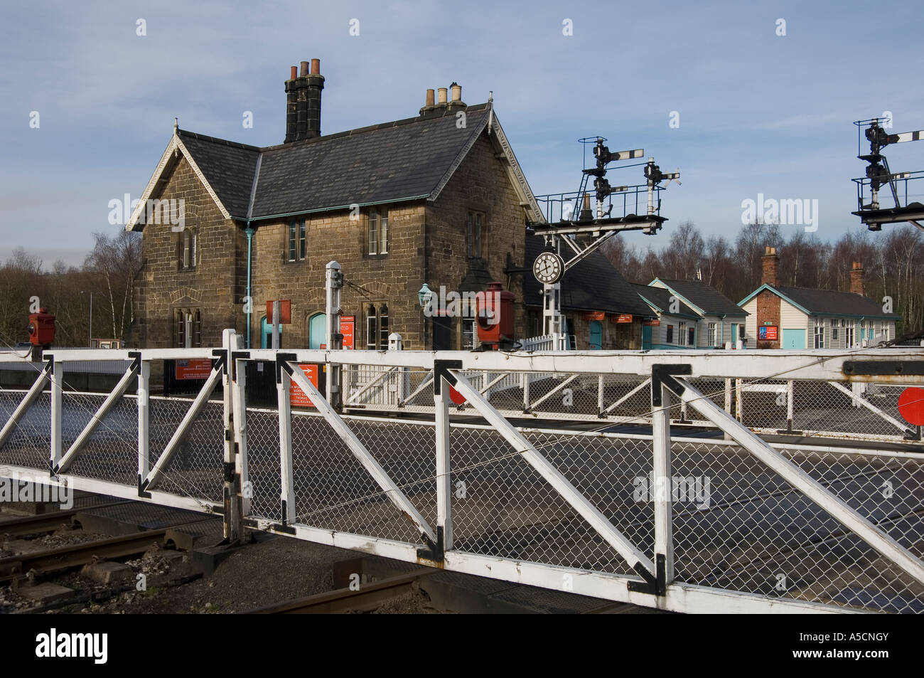 Level crossing at Grosmont Railway Station NYMR North Yorkshire England UK United Kingdom GB Great Britain Stock Photo