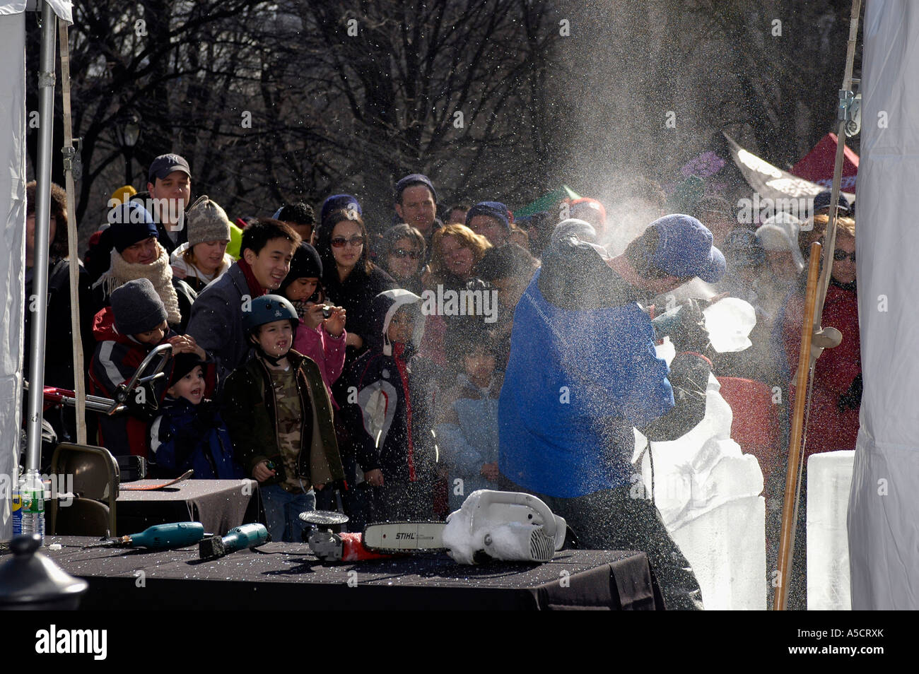 Ice carver creates sculpture in ice during the Central Park Winter ...