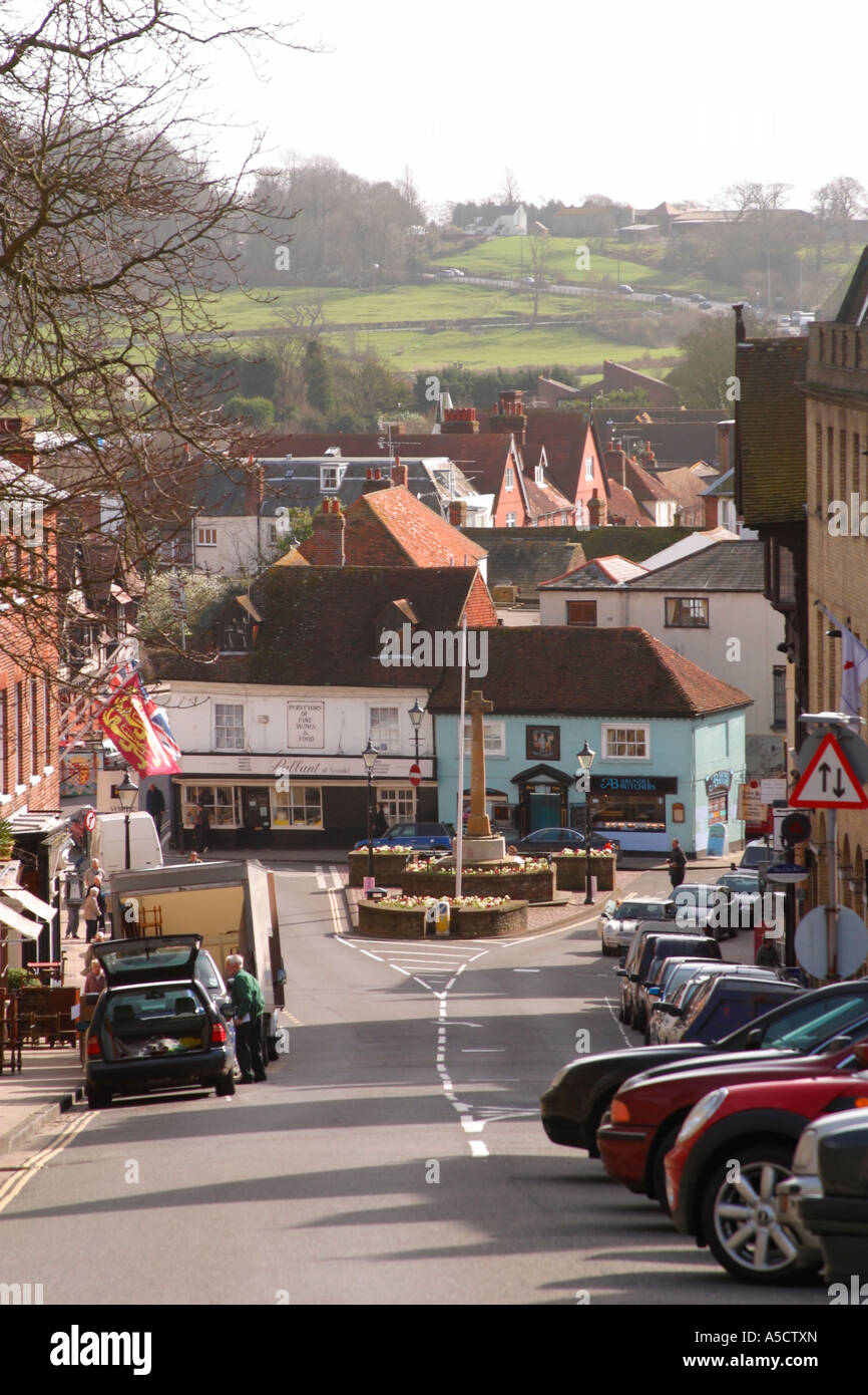 View of Arundel town centre looking down High Street with the busy A27 trunk road in the background Stock Photo