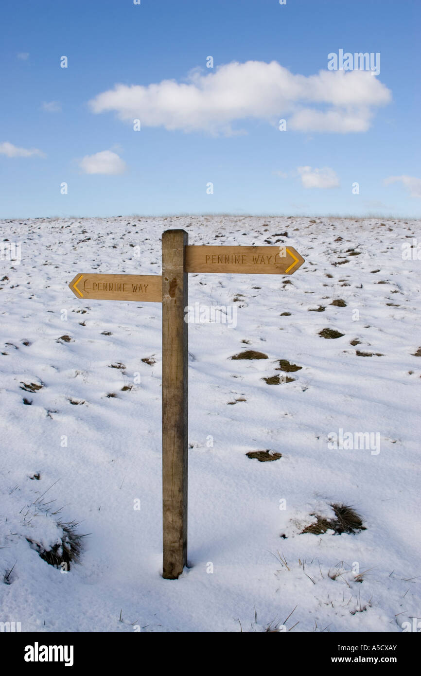 Pennine Way finger post on Saddleworth Moor in winter. Peak National Park, UK Stock Photo