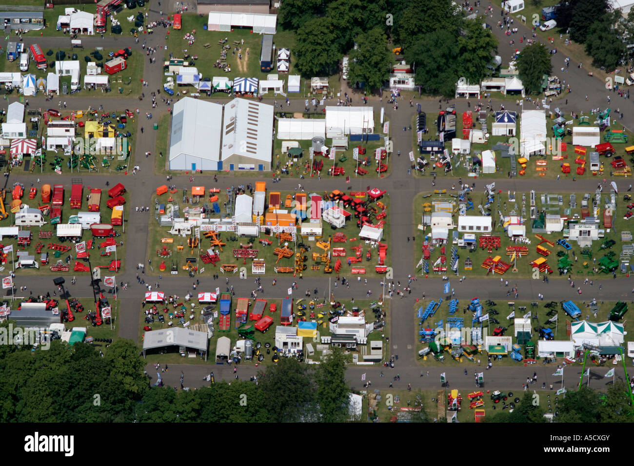 Aerial view of Royal Highland Show Ingleston Edinburgh Photograph shows exhibitor spaces with agricultural machinery Stock Photo
