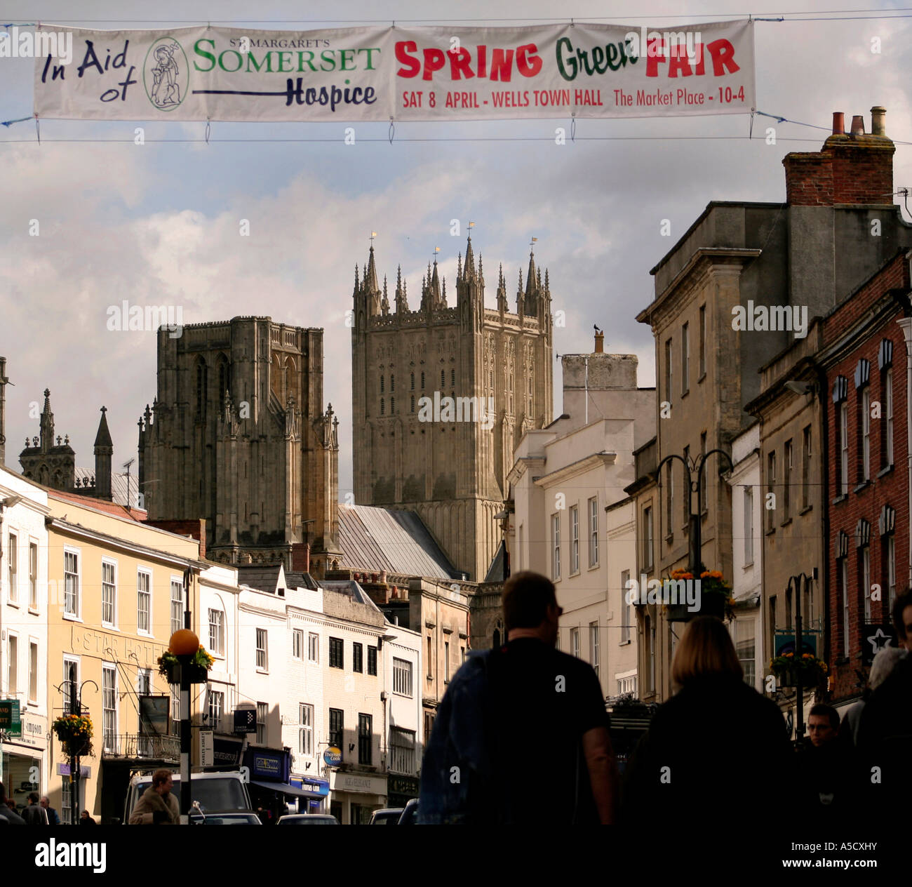 Wells street scene with cathedral in background Somerset Stock Photo