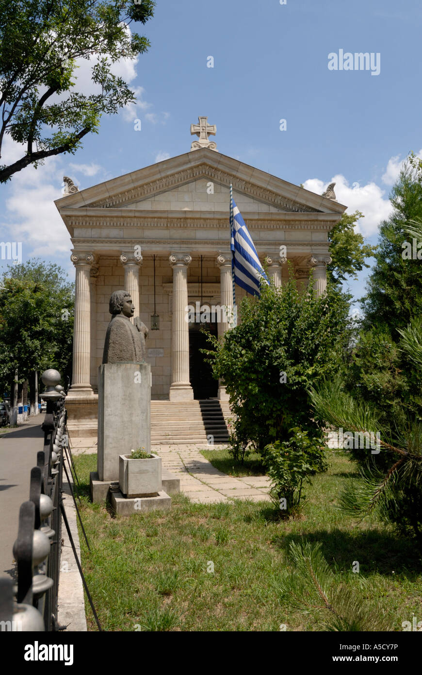 Church of the Greek Embassy. Rigas Velestinlis Feraios statue, Bucharest, Romania Stock Photo