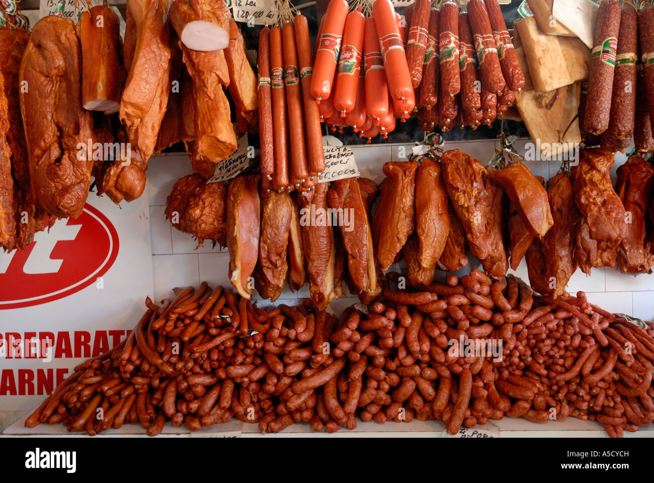ROMANIA SIBIU. 2007 European Capital of Culture. Meat Market traditional products Stock Photo