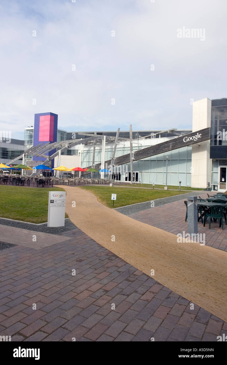 Google Headquarters in Mountain View California, known as the 'Googleplex' The outdoor terrace employee cafeteria Stock Photo