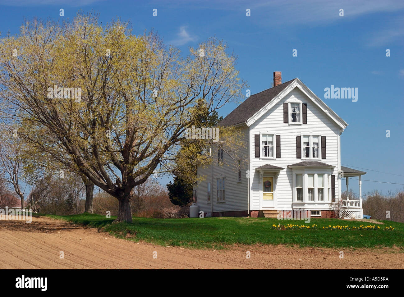 New England Farmhouse in Early Spring Stock Photo