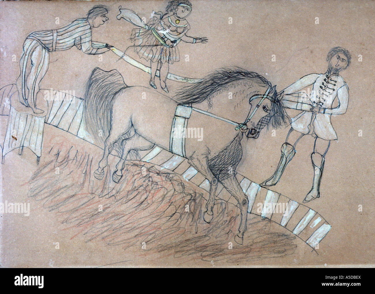 Historic drawing by American Indian of circus performers Stock Photo