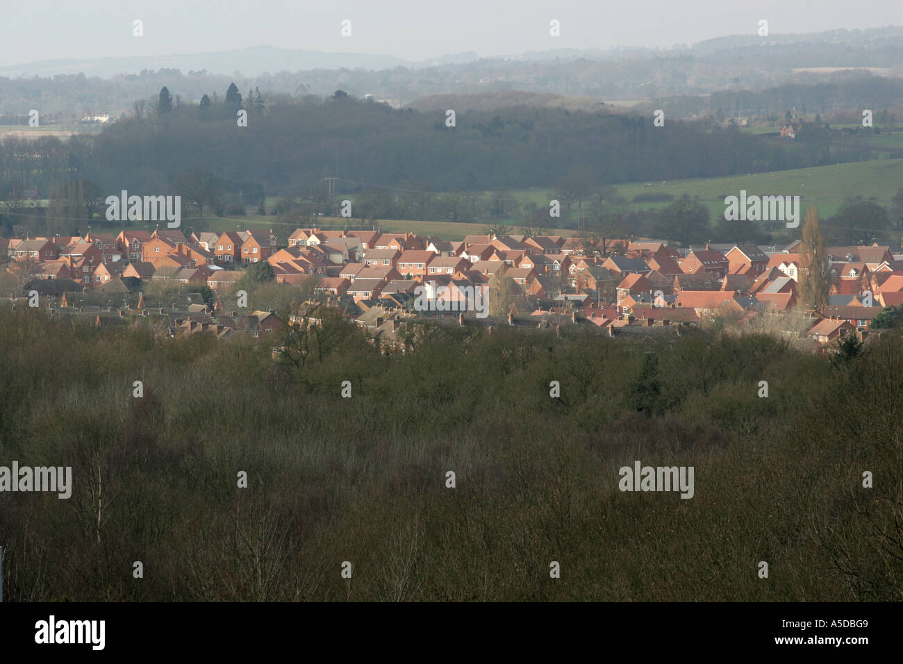 View of Brockhill, a modern housing estate  seen through woodland in Redditch, a new town in Worcestershire, England Stock Photo