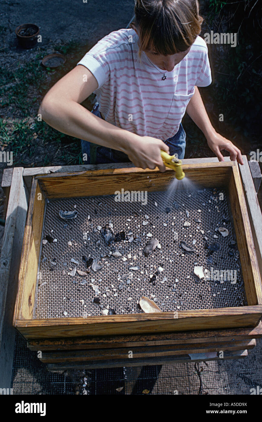 Student archaeologist screening artifacts at an archaeological dig
