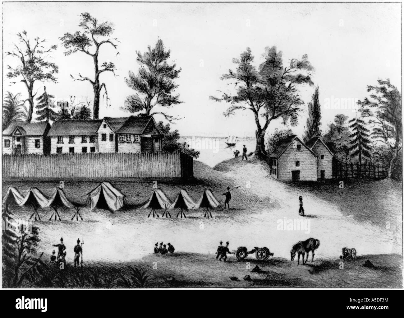 Drawing of town with military encampment in New World Stock Photo