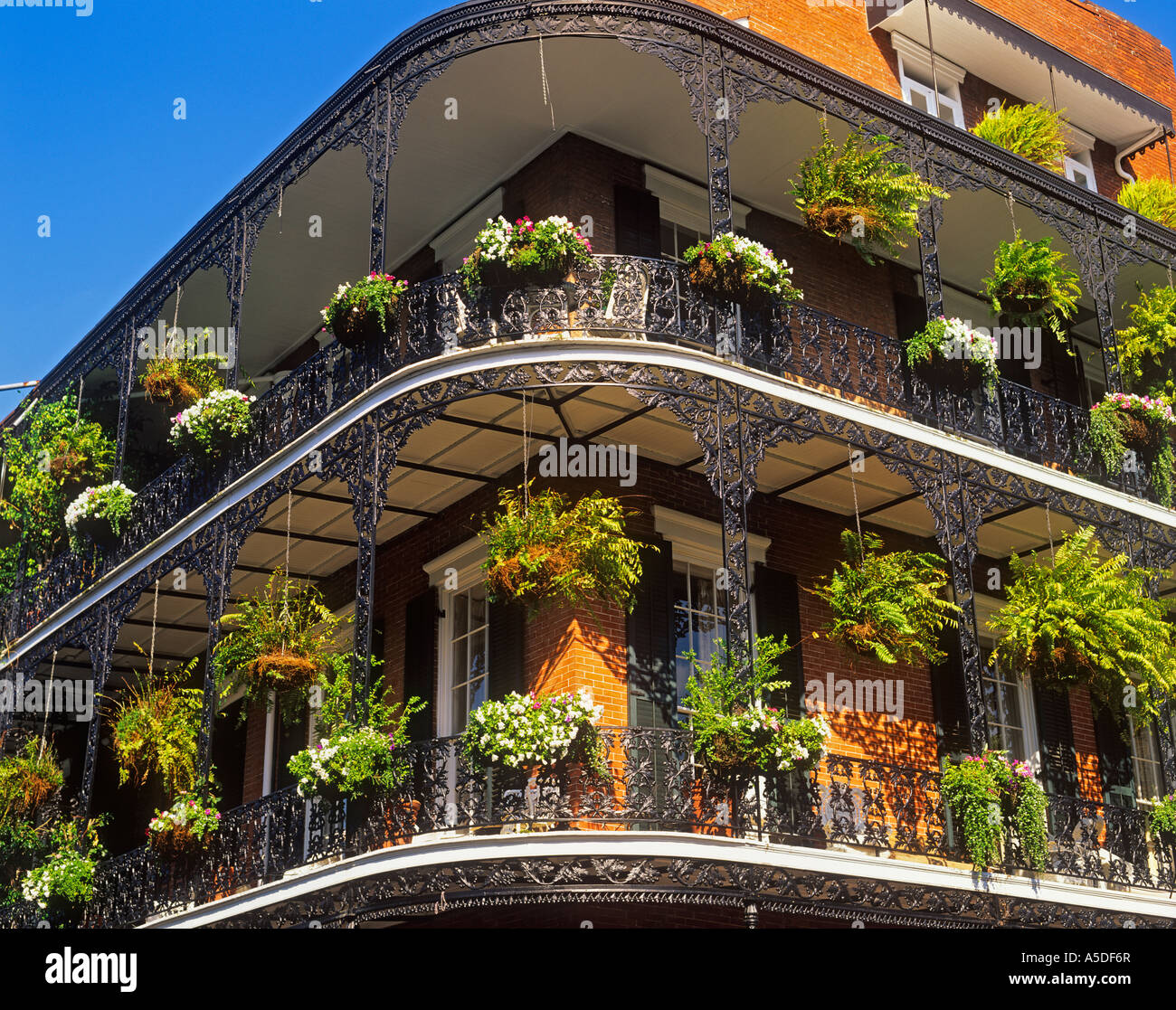 Wrought iron balconies Royal Street French Quarter New Orleans Louisiana USA Stock Photo