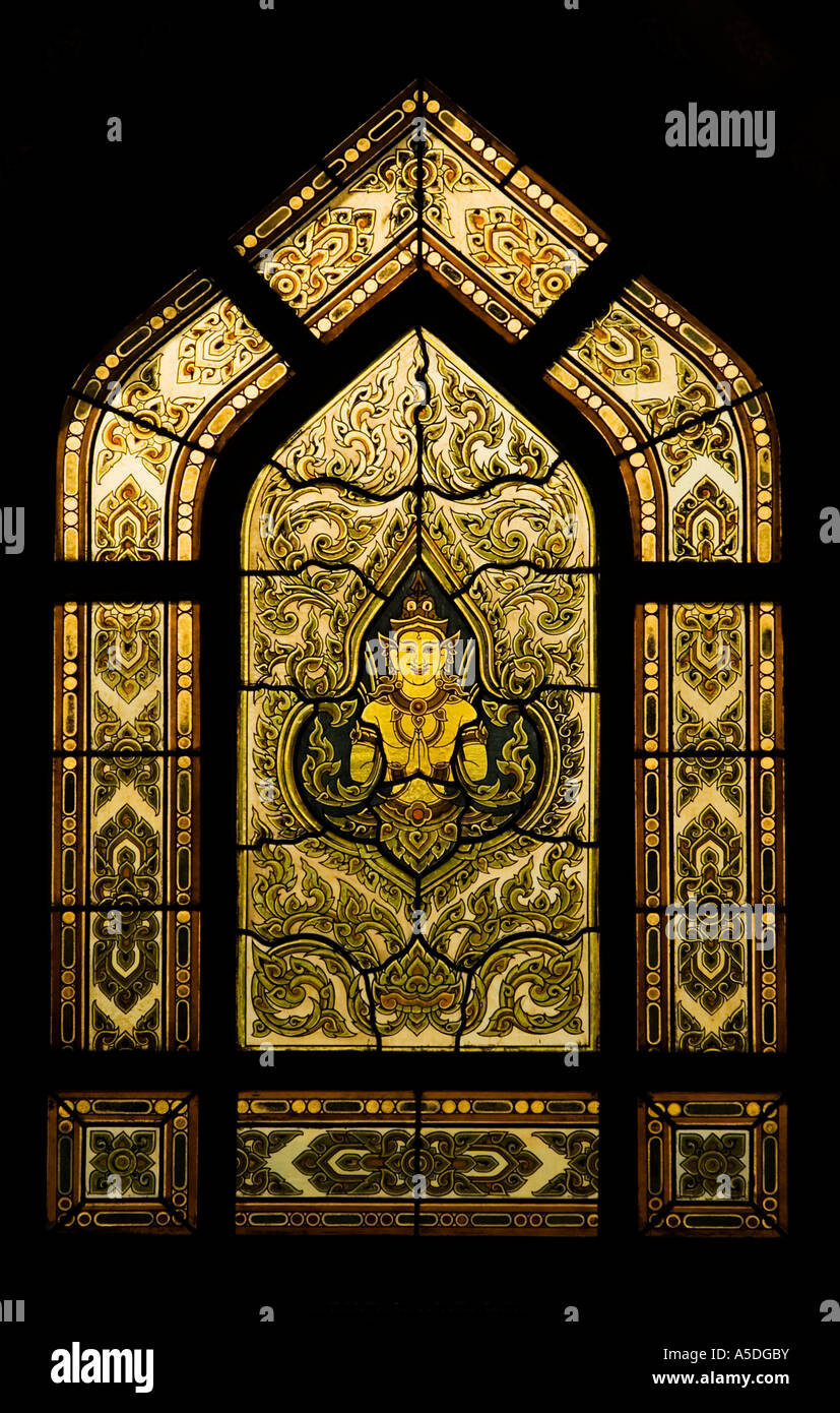 Stock photo of a stained glass window inside Wat Benchamabophit