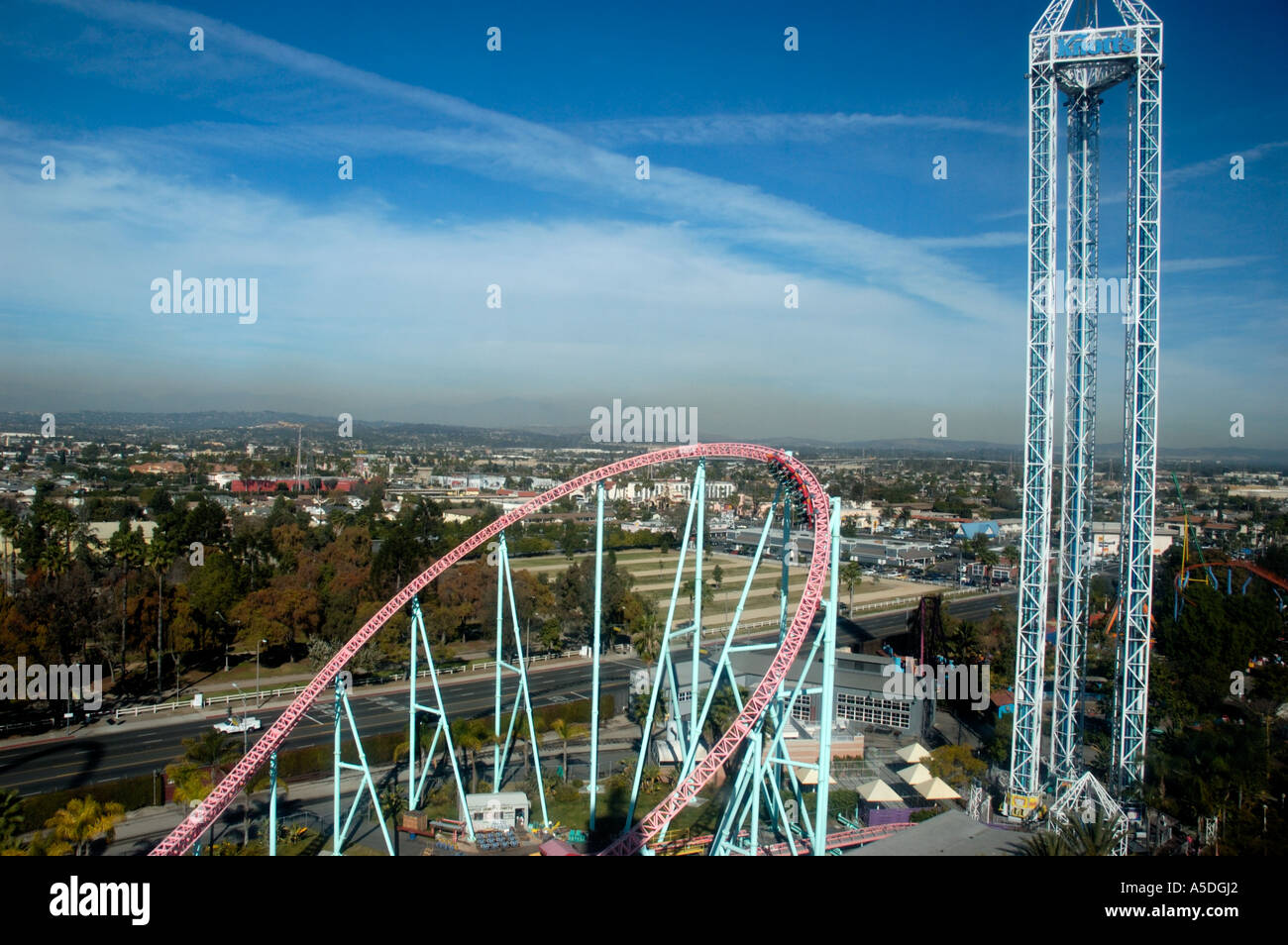 Aerial view of rollercoaster ride and tower at Knott's Berry Farm Theme