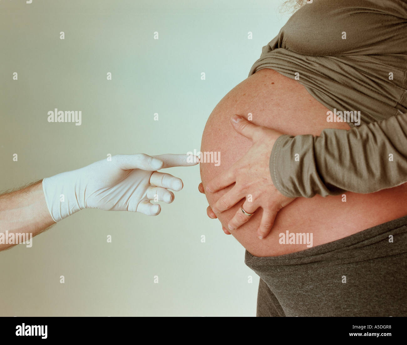 rubber gloved finger touching 9 months pregnant womans belly Stock