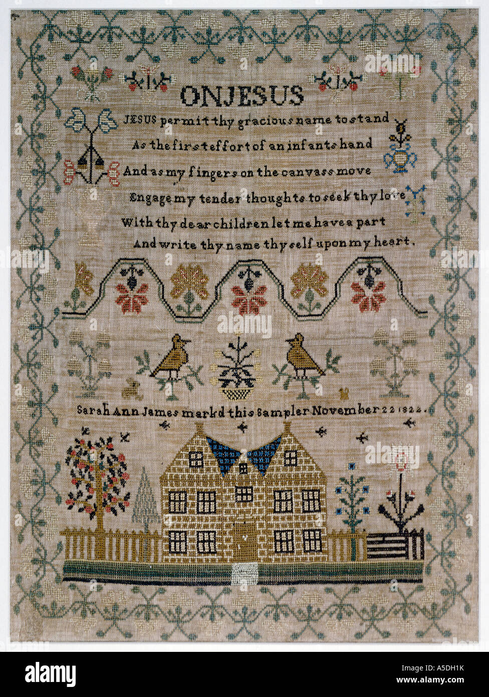 American sampler 1822 silk on homespun Stock Photo - Alamy
