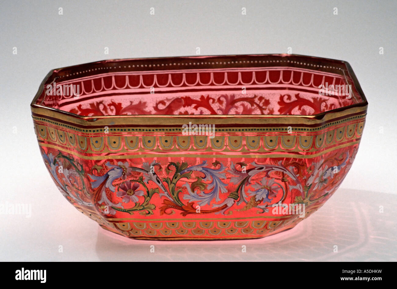 Antique cranberry glass bowl enamel and gilt Stock Photo
