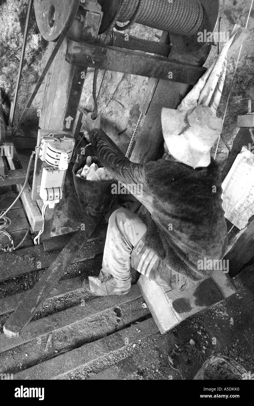 Mineworker operating the lift with ruby Stock Photo