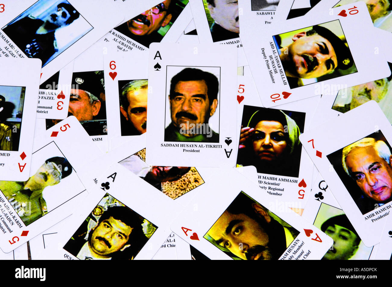 iraq dictator saddam hussein playing cards most wanted iraqi political politics deck dead death arabs middle east conflict gulf Stock Photo