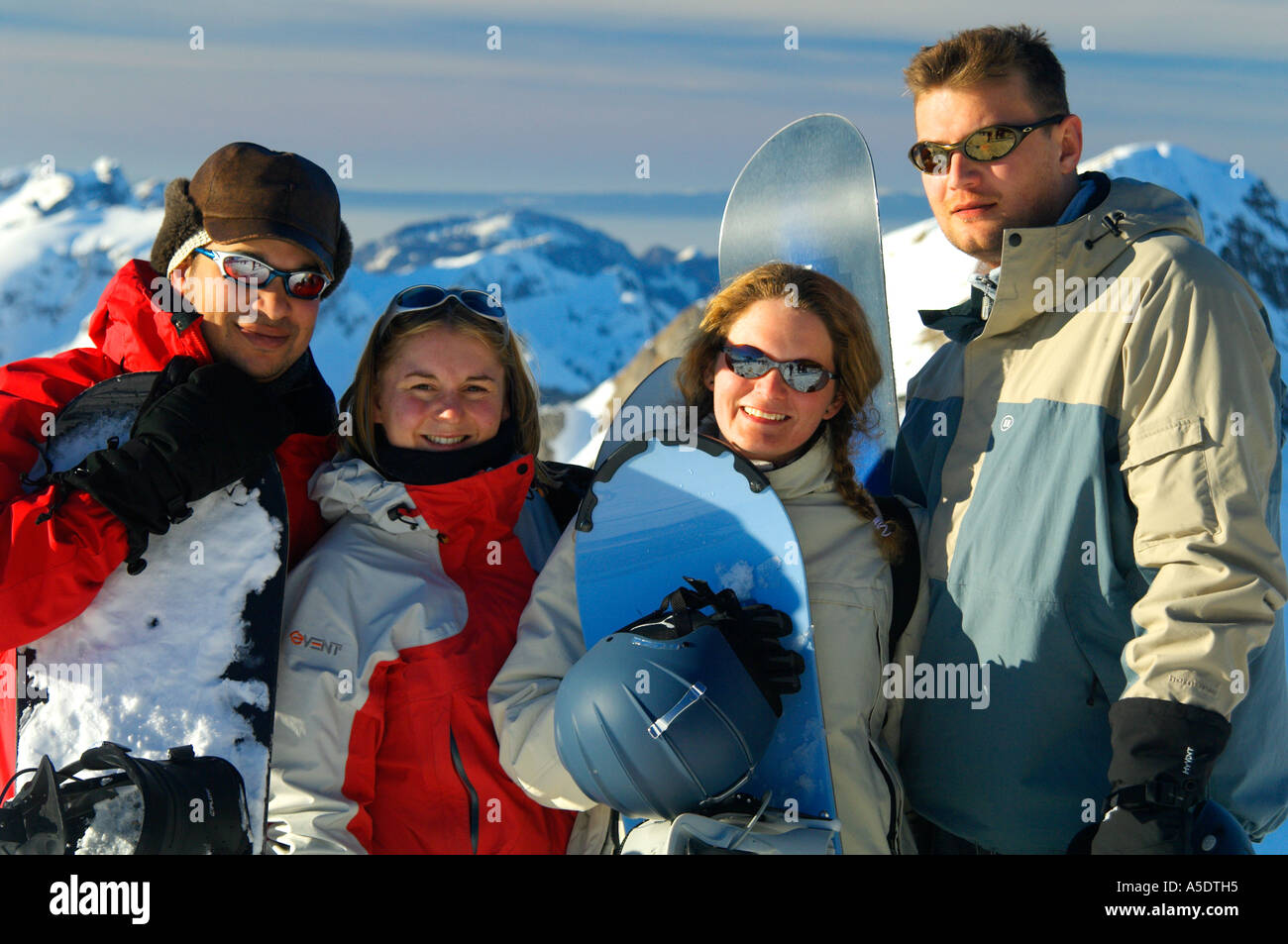 Group of snowboarders in france switzerland avoriaz morzine les crosets