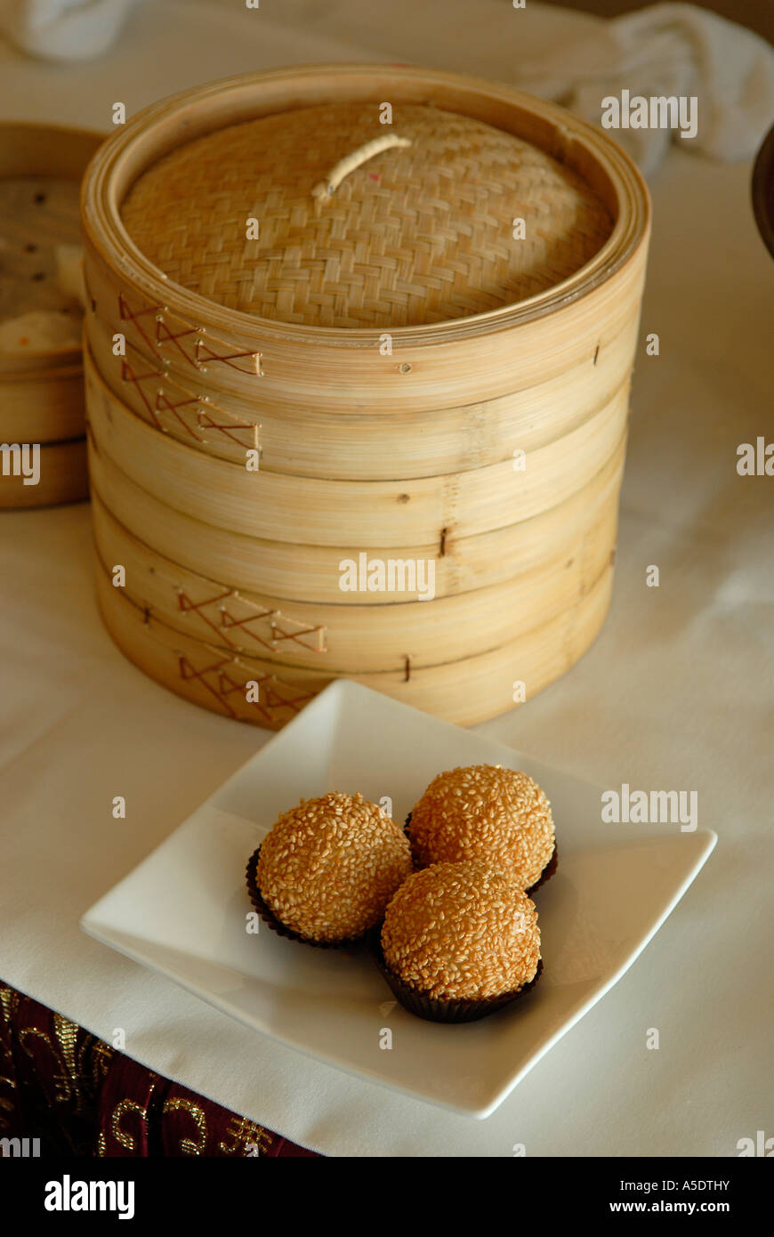 Dim sum  fried sesame balls with glutinous rice flour and red bean paste; Also known as Jian Dui in Chinese. Hong Kong China Stock Photo