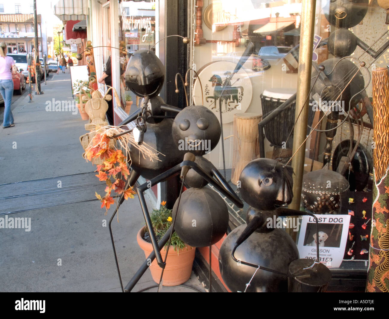 Large black metal ant sculptures displayed on a sidewalk in Coloma, California, outside a storefront with a "Lost Dog" poster in the window. Stock Photo