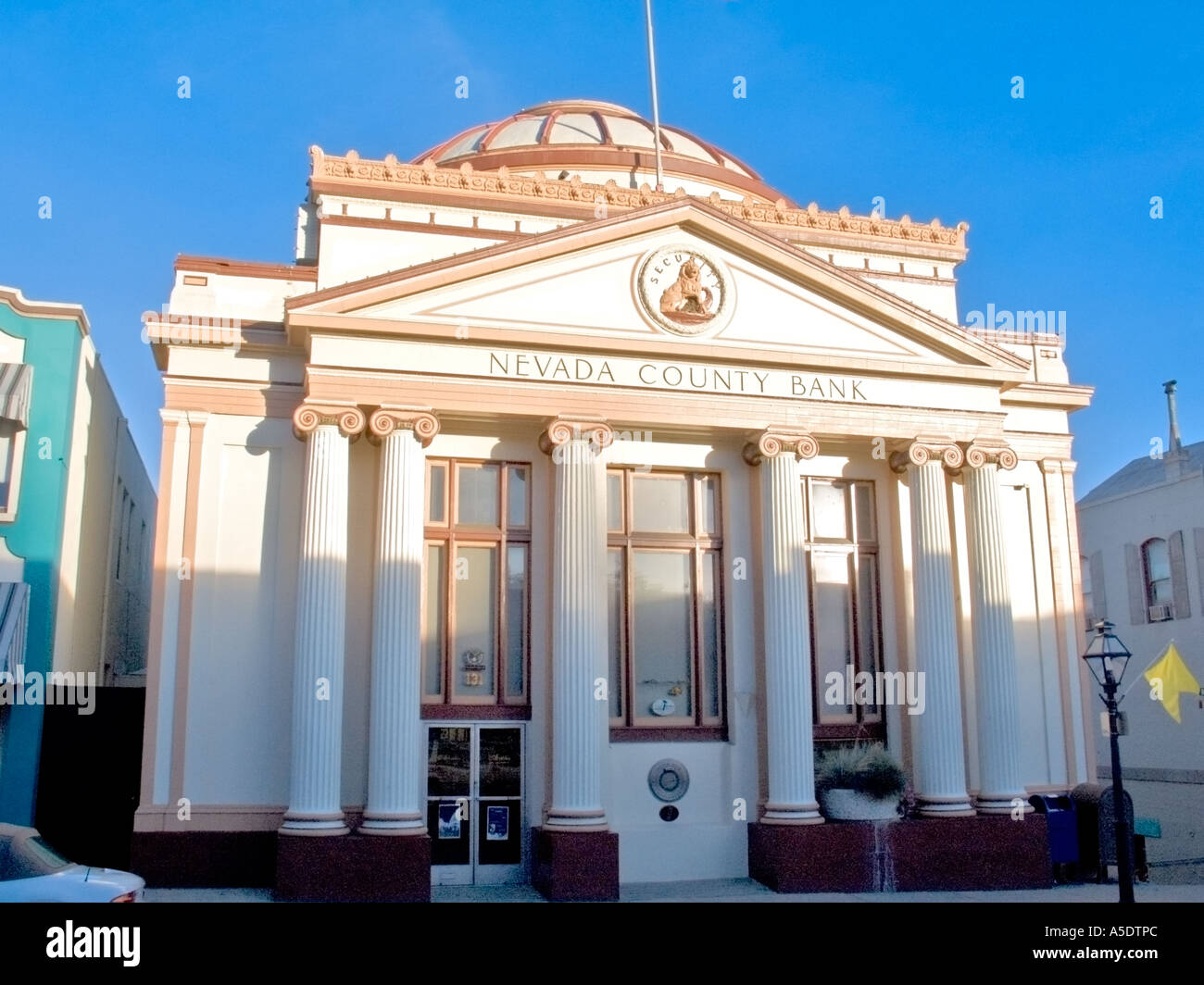 The iconic Nevada County Bank building in downtown Grass Valley, Stock Photo
