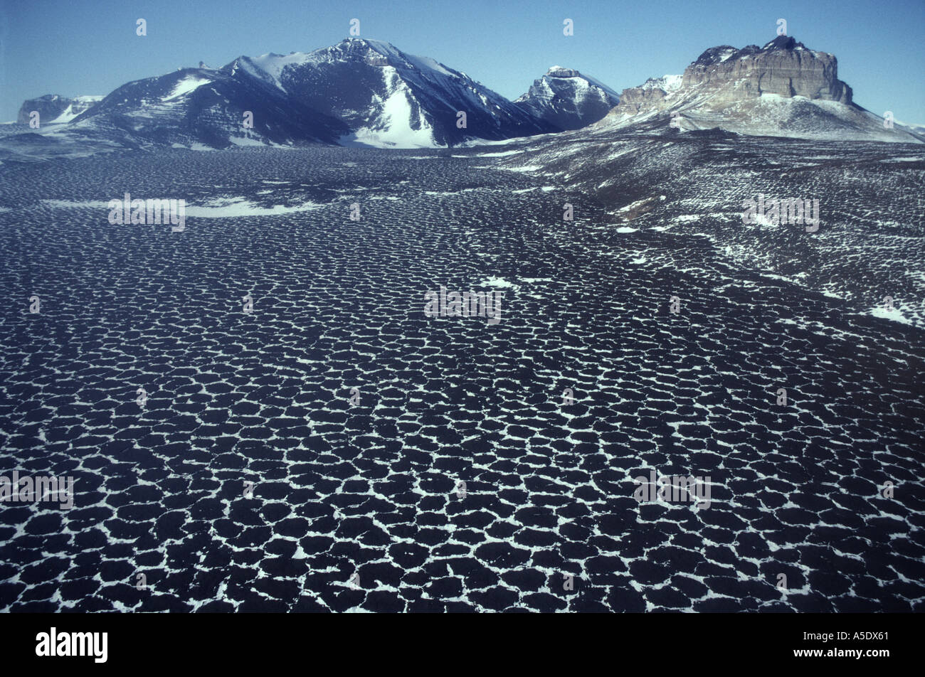 Frost polygons of patterned ground high above Wright Valley McMurdo Dry Valleys Victoria Land Antarctica Stock Photo
