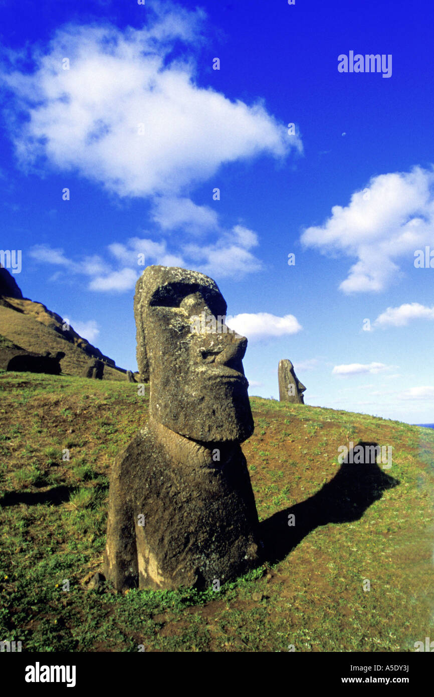 Moais sculpture on Easter Island, Chile, Easter Island, Nationalpark Rapa Nui, Rano Raraku Stock Photo