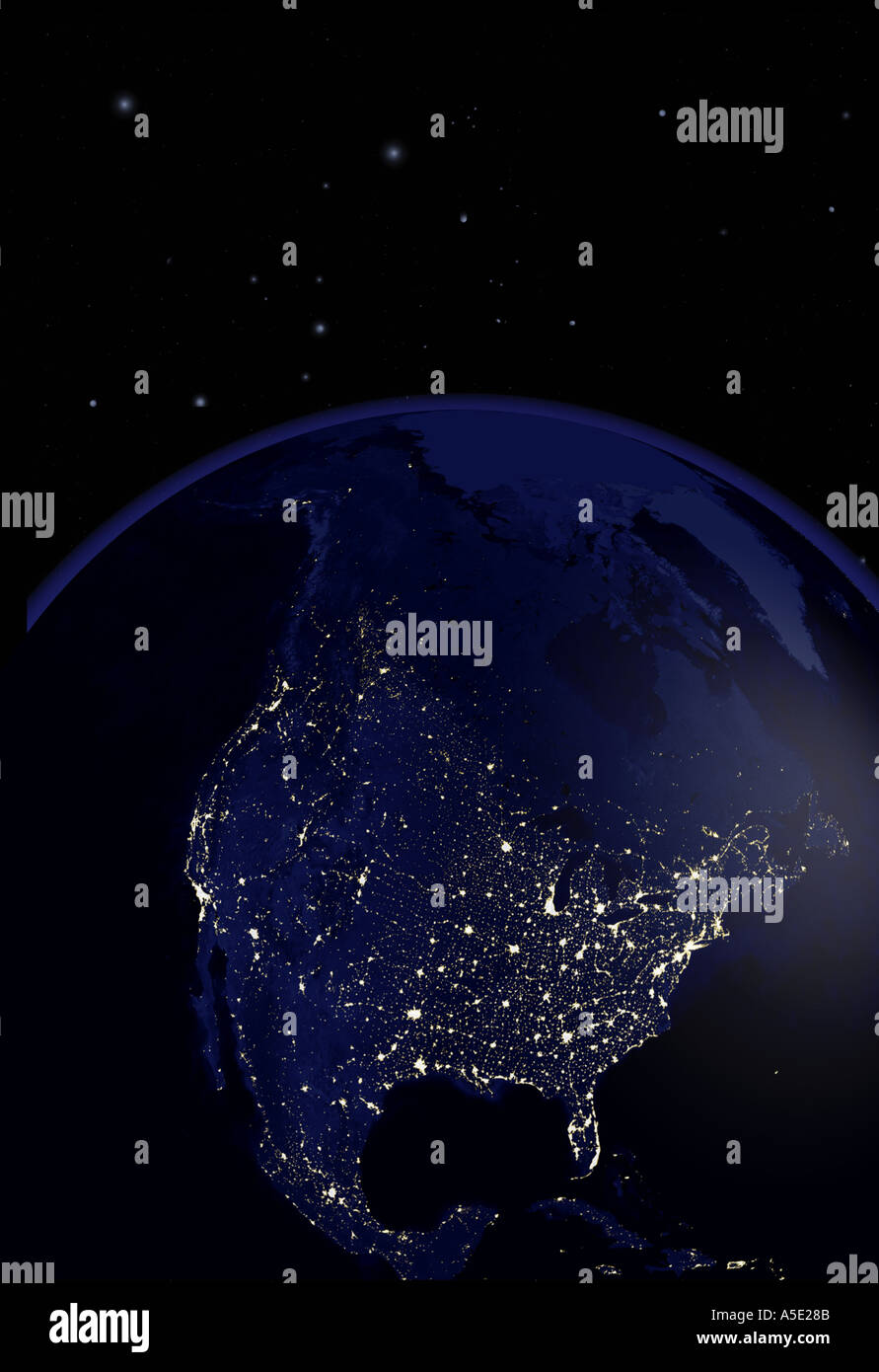 Satellite image of North America at night City lights visible Earth