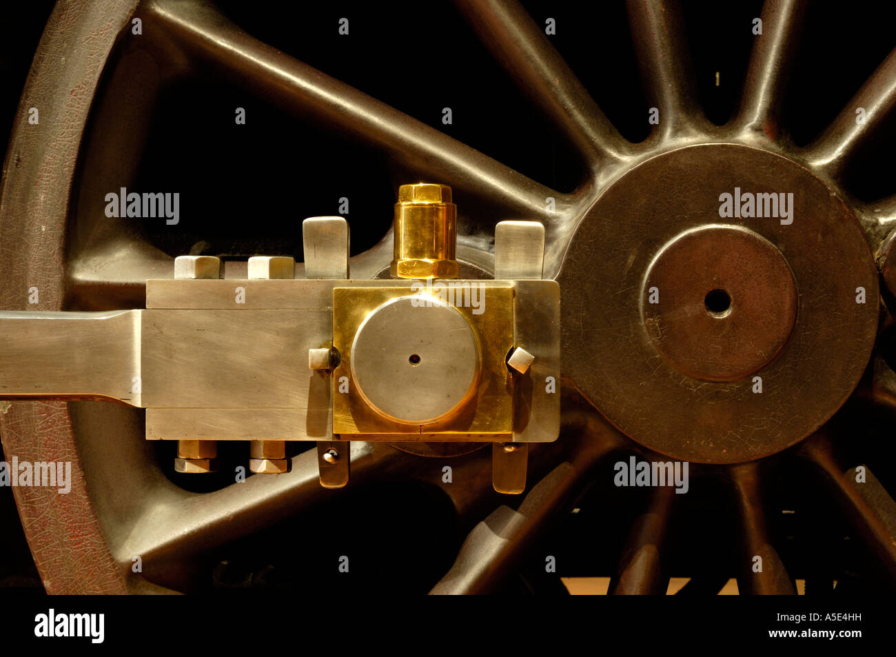 Wheel and connecting rod detail on the 1858 Rogers steam on display at the Henry Ford