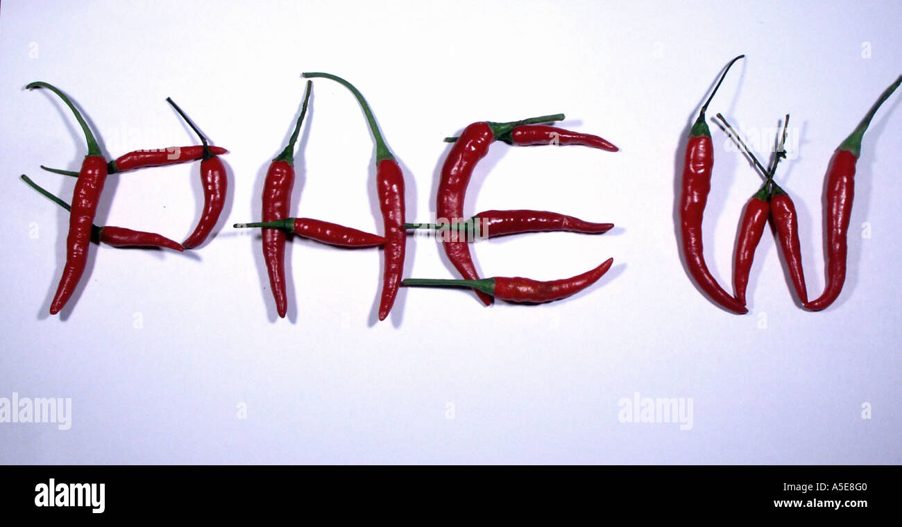 Red Chilli or Chili Peppers spelling out the word phew Stock Photo Alamy