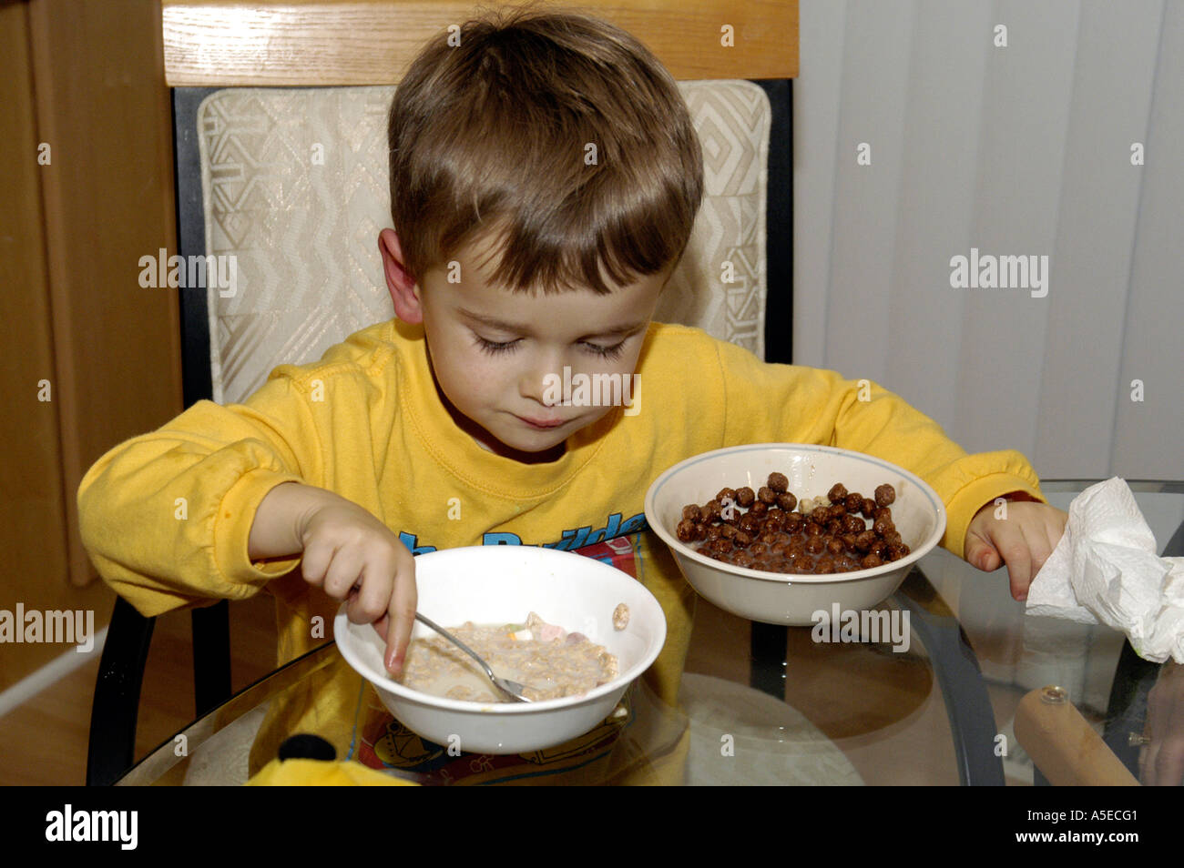 P12 018 3 Yr Old Boy Eating 2 bowls of cereal Stock Photo - Alamy