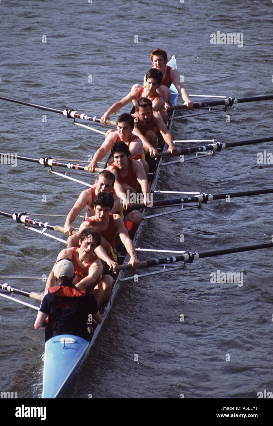 Mansfield College eights crew rowing hard, competing in the Oxford Eights boat race, Thames River, England Stock Photo